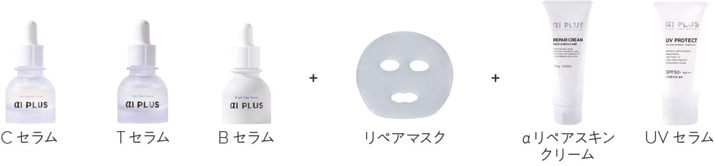 プログラム構成: C セラム + T セラム + B セラム + リペアマスク + αリペアスキンクリーム + UV セラム